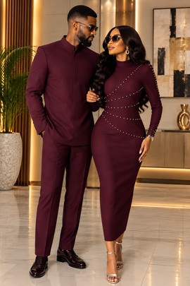 Tenues assorties pour couple – Costume bordeaux à col mao et robe midi perlée en perles de culture
