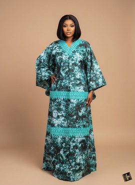 Emerald Marble Adire Lace-Trimmed Boubou