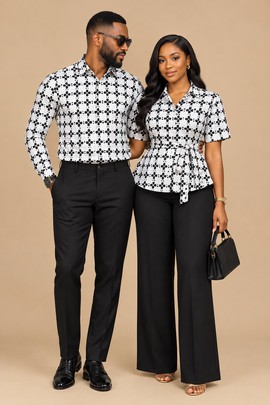 Chemise à manches longues pour homme à imprimé géométrique et blouse péplum ceinturée pour femme avec pantalon à jambes larges