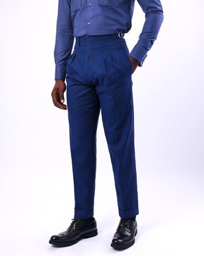 A navy blue, Gurkha pants with double pleats trouser.