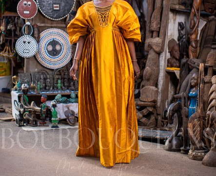 African Boubou Dress for Women "Idia" Gold Yellow in Glazed Linen — With Scarf