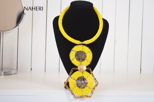 African Beaded Yellow Necklace | Romantic handmade neck piece | Tiered &amp; Tribal Jewelry