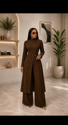 Women's Brown Pearl Embellished Long Vest &amp; Wide-Leg Pants Set