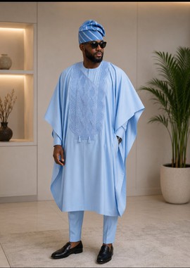 Men's Sky Blue Agbada Set – Senator Material Traditional Outfit with Braided Chest Detail