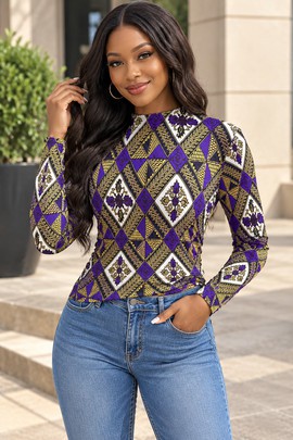 Diamond Ankara Geometric Print Women's Mesh Long Sleeve T-Shirt | Ankara Fashion | Bynelo