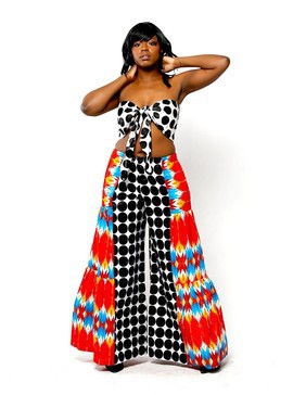 Ensemble haut court noué sur le devant à pois multicolores à imprimé africain et pantalon palazzo à jambe large