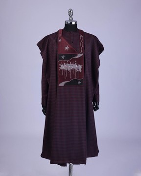 A Checkered burgundy &amp; black, painters Splash embroidery details agbada