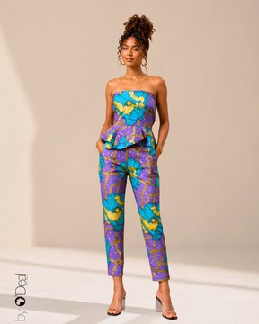 Slim pants and ruffled bustier top set