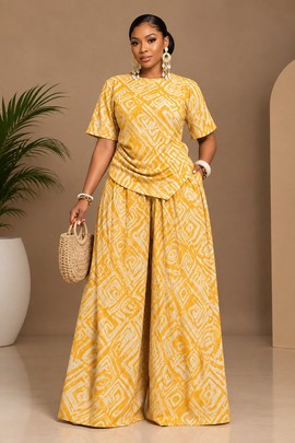Women’s Yellow African Print Two-Piece Set – Short Sleeve Top &amp; Wide Leg Palazzo Trousers