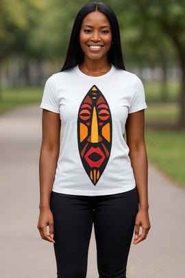 T-shirt pour femme imprimé Africa avec masque – Une déclaration culturelle audacieuse - Blanc