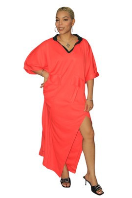 Pink Maxi Dress With Frontal Flap Pockets,  Jersey Long Dress