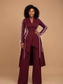 Burgundy Lace-Up Asymmetrical Longline Blazer and Trouser Set
