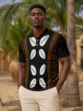 African Tribal Bold Cowrie Print Men's Heavyweight Polyester Polo Shirt | Bynelo