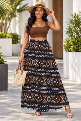 Jupes longues maxi en chiffon marron à imprimé géométrique Bogolan avec doublure pour femme | Jupe africaine marron