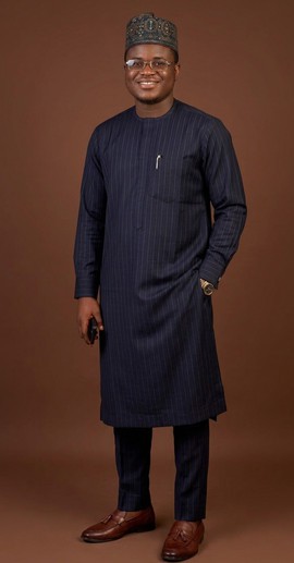 Navy Pinstripe Dashiki with Traditional Crown Cap