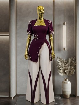 Burgundy &amp; Cream Beaded Peplum Top with Wide-Leg Chevron Print Trousers