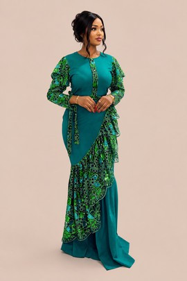 Elegant African Print Maxi Long Sleeve Ankara Lace Patchwork Gown with Ruffle