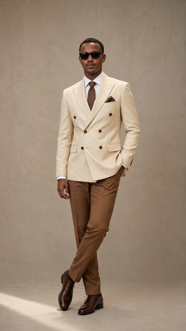 Ensemble de costume croisé bicolore crème et marron pour homme avec chemise et cravate – Tenue de cérémonie contrastée