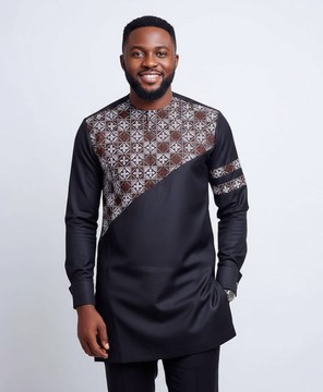Men's Black Senator Wear with Ankara Chest Panel – Stylish Long Sleeve African Top