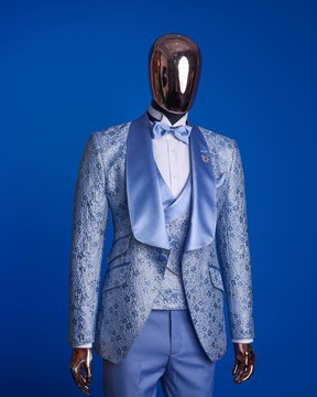 An Azure blue, knitted, star studded metallic jacquard, shawl lapel tuxedo suit