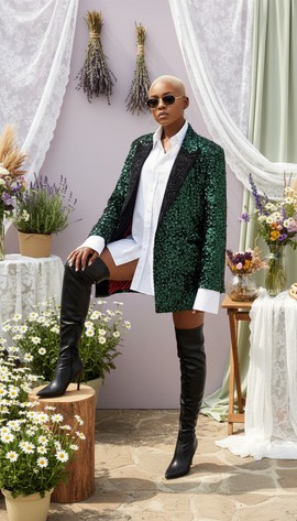 Veste verte à sequins avec revers en velours contrastant