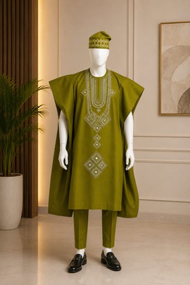 Men's Olive Green Embroidered Agbada Set – 4 Piece Traditional African Attire with Cap