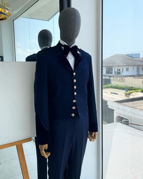 A “duopoly” navy blue royal tuxedo suit, hand woven embrodery taping Suit