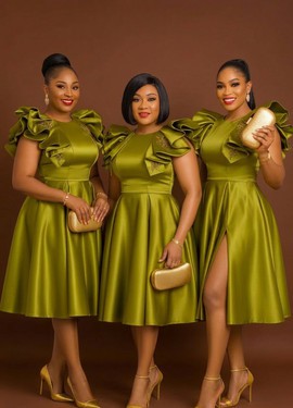 Olive Green Satin Ruffle Shoulder A-Line Dress | Bridesmaid &amp; Wedding Guest Occasion Wear