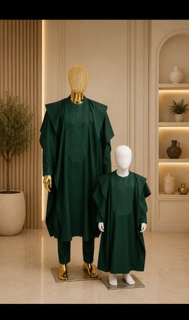 Father and Son Matching Green Agbada Set – Men's Three-Piece and Boy's Agbada with Embroidered Chest