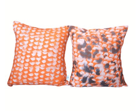 2-piece Reversible Hand-Dyed Batik Cushion Covers: Orange/ White, Dark Grey