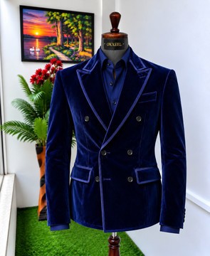 OKXEEL Royal Blue Velvet Double-Breasted Suit