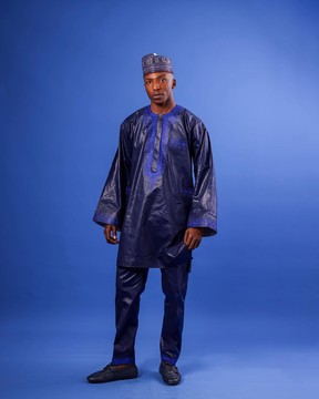 A Navy blue, arewa embroidery long sleeve, free-hand African kaftan