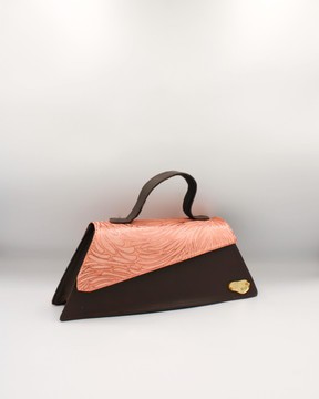 Brown Vegan Leather Handbag with Glittery Pink Peach Woven Accent