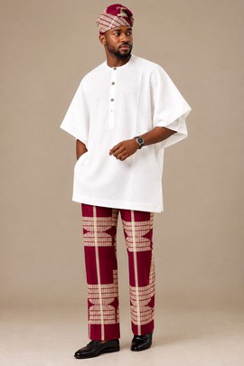 Men's White textured kaftan top with burgundy Aso oke trouser