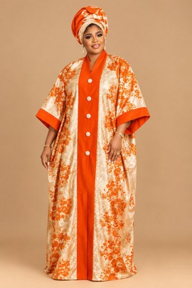 Robe boubou orange et or champagne à motif floral avec gele assorti