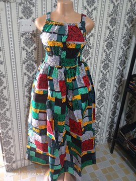 Patchwork Style Ankara Midi Dress – Multicolor African Print Elastic Waist Summer Dress