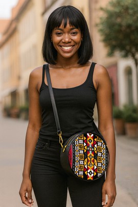 Round Bag Crossbody Sling African Mud Cloth Style