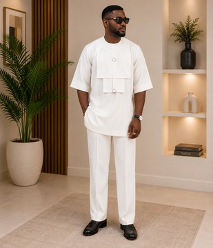 "Men's Off-White Senator Set with Cargo Pocket Detail &amp; Ring Buckles