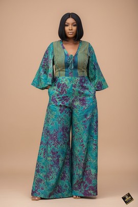 Teal &amp; Amethyst Adire Flare Jumpsuit