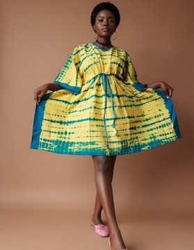 Stylish yellow Tie-Dye Dress with Adjustable Drawstring for Casual Elegance