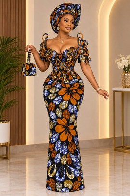 Robe de mariée bustier de luxe orange en Ankara, robe de réception, mode africaine du Nigeria, mode Ankara