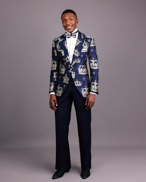 A navy blue peak lapel, dispersed crown metallic jacquard tuxedo suit