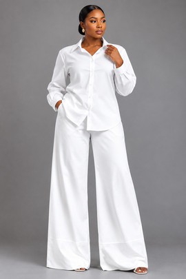 Ensemble coordonné blanc deux pièces pour femme – Chemise boutonnée à manches longues et pantalon palazzo à jambes larges