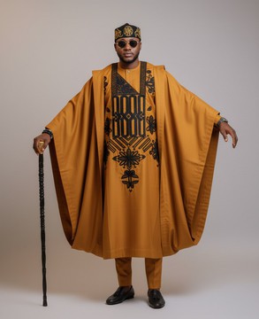 Mustard Yellow Agbada &amp; Trousers Set With Cap
