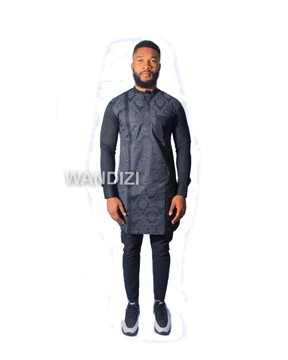 Blue Damask Half Collar Dress Shirt, African Men Shirt, African Mens Clothing