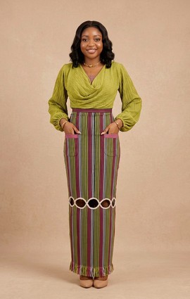 Aso Oke Maxi Skirt – African Striped Skirt with Cut-Out Detail &amp; Fringe Hem