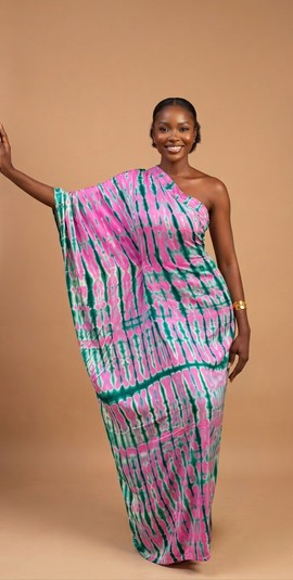 Magenta &amp; Emerald One-Shoulder Adire Kaftan
