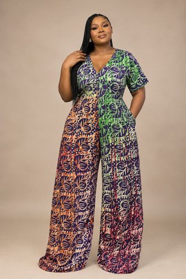 Combinaison pantalon ample à imprimé africain pour femme – Combinaison palazzo à manches courtes, col en V et motif Ankara