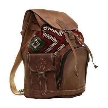 BIG SALE! Genuine Leather Backpack with Red Kilim Handmade by Cuiroma Craftsmen in Morocco