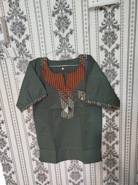 Forest Green Heritage Shirt – Traditional Tribal Accent Top with Bold Cultural Neckline